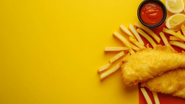 Crispy Fish and Chips With Ketchup and Lemon on Bright Yellow Background. photo