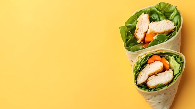 Fresh Chicken Wraps With Lettuce and Carrot on Yellow Background. photo