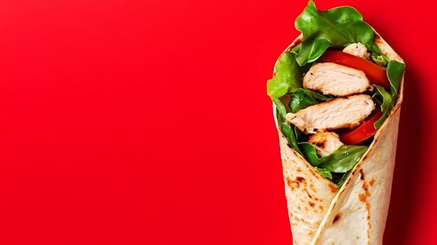 Fresh Chicken Wrap with Crisp Lettuce and Tomato on Red. photo