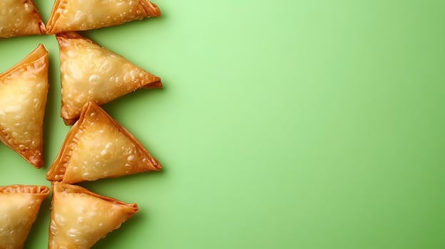 Golden Samosas Arrange on a Bright Green Background. photo