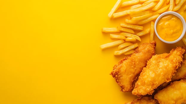 Crispy Fish and Chips with Tangy Sauce on a Vibrant Yellow Background. photo