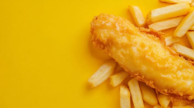 Crispy Golden Fish and Chips on Vibrant Yellow Background. photo