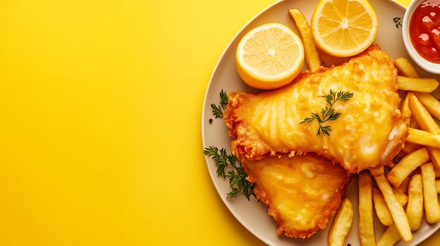Golden Battered Fish and Chips with Lemon and Sauce. photo