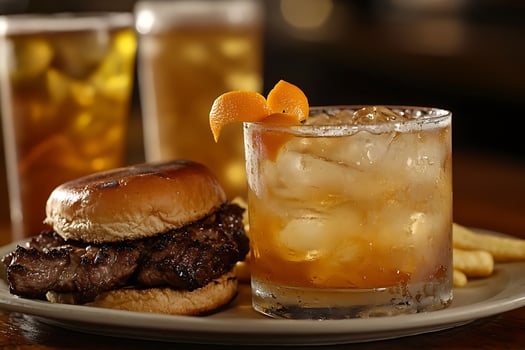 Juicy Burger and Refreshing Cocktail with Fries on a Plate. photo