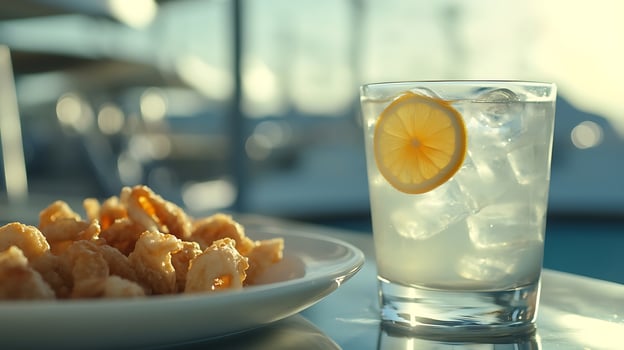 Refreshing Drink and Crispy Appetizer by the Water. photo