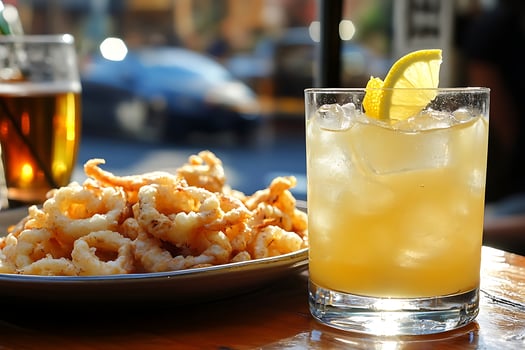 Crispy Fried Calamari and Refreshing Citrus Drink with Lemon Slice photo