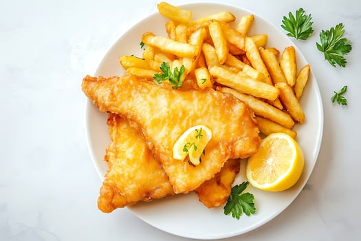 Crispy Fish and Chips with Lemon and Parsley on a White Plate. photo