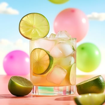 Refreshing Lime Drink with Festive Balloons and Sunny Sky Backdrop. photo