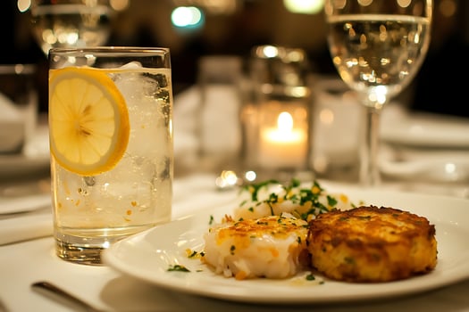 Delicious Seafood Dinner with Refreshing Lemon Drink and Candlelight. photo