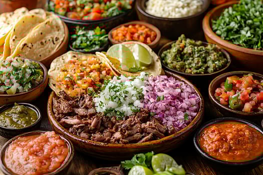 Delicious Mexican Feast With Tacos And Fresh Toppings Abound. photo