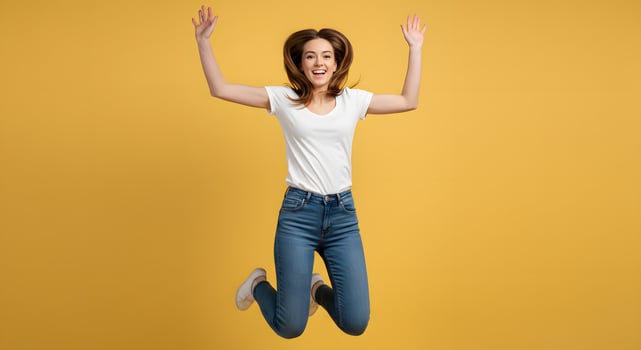 A woman in jeans and white shirt jumping in the air photo
