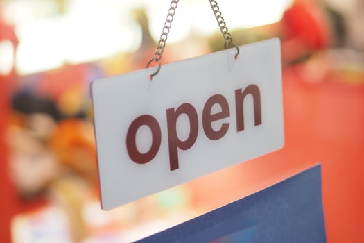 Shop sign indicating it is open for business today photo