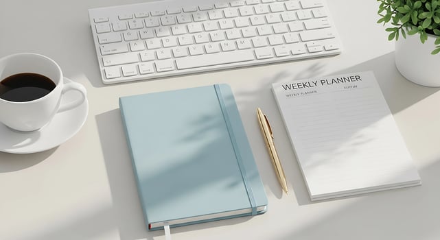workspace desk with laptop, coffee cup, weekly planner for scheduling tasks photo