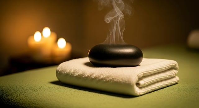 massage stones, spa stone and towel for spa treatment photo