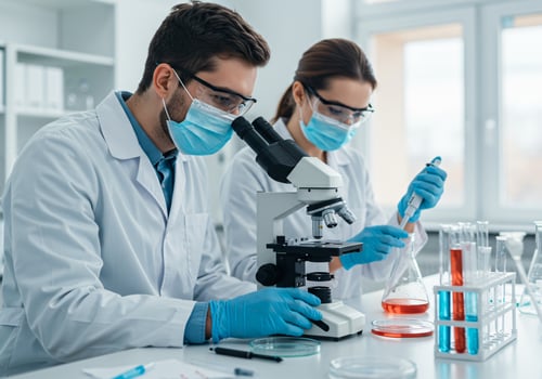 two people in lab coats and masks looking at something photo