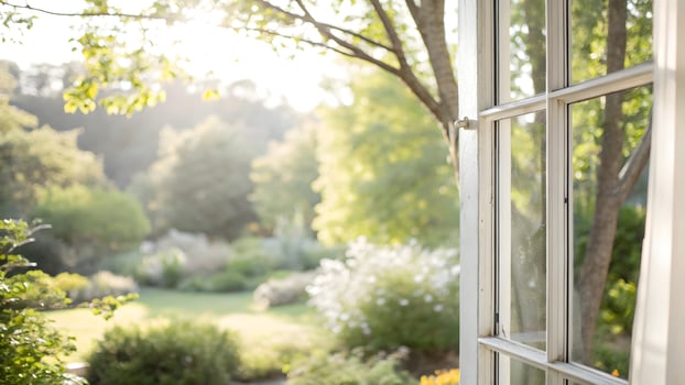 Serene Garden View through Open Window Summer Landscape, Natural Light, Tranquil Scene photo