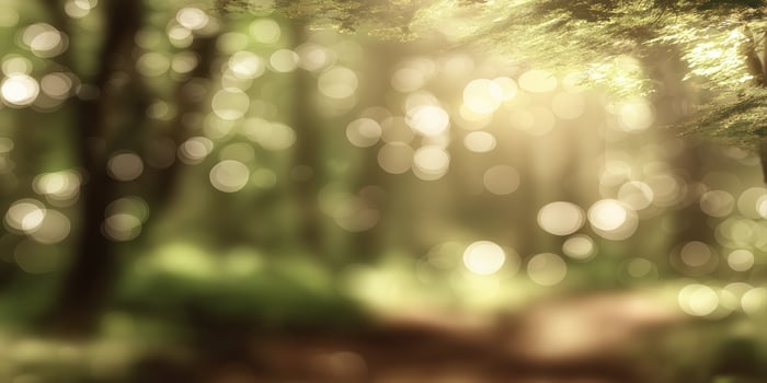 defocused forest scene with warm sun rays and dreamy atmosphere photo