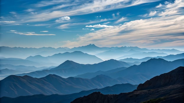 Blue Mountain Range Panorama Layered Ridges, Misty Peaks, and Dramatic Cloudscape, Scenic Landscape, Adventure Photography photo