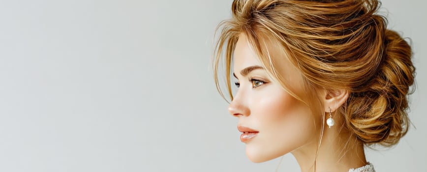 Beautiful blonde woman showing elegant hairstyle and pearl earrings photo