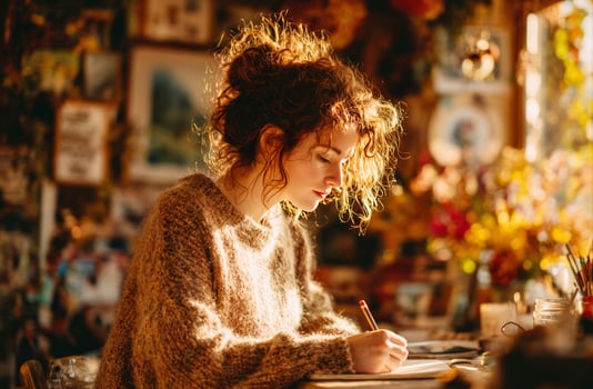 Young artist drawing in cozy art studio with warm sunlight photo