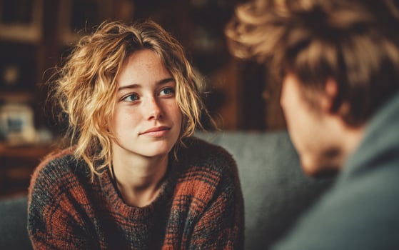 Young woman engaging in thoughtful conversation indoors photo