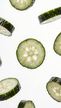 Cucumber slices floating on a pure white background, brightly lit, high-key studio food photography. photo