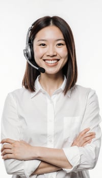 Smiling Asian woman wearing headset, white shirt, arms crossed. photo