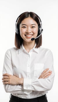 Smiling Asian woman wearing a headset and a white button-down shirt, arms crossed. photo