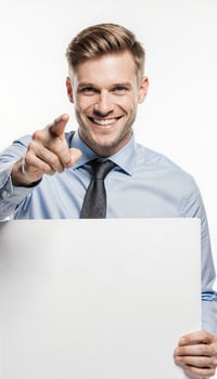 Man Points Towards Whiteboard, Smiling Confidently photo