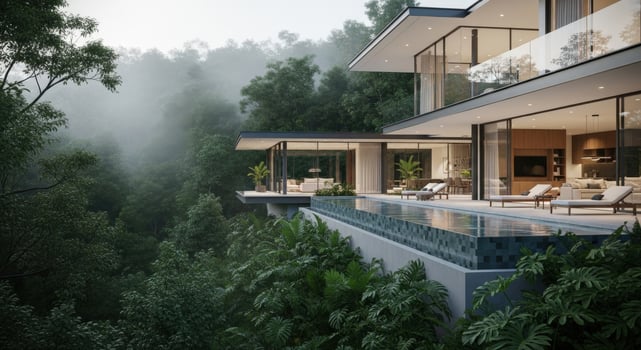 Modern luxury villa with infinity pool surrounded by lush tropical forest photo