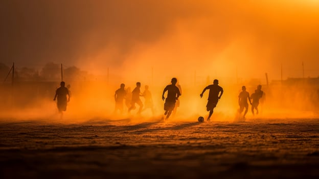 Silhouettes of male football players in action during sunset on dusty field, golden sky with space around figures photo
