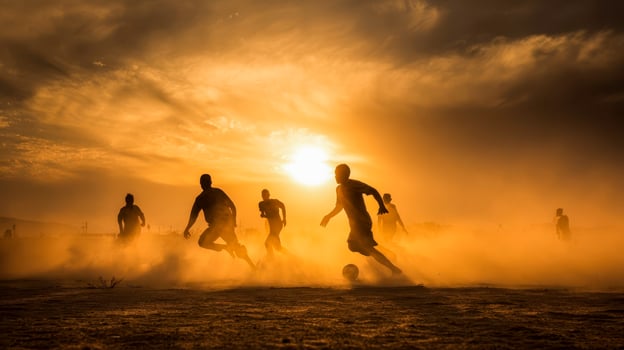 Silhouettes of teenagers playing football in the evening during sunset, golden sky above photo