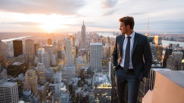 Man in suit overlooking city skyline photo