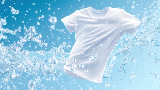 Pristine white t shirt splashing with crystal water, highlighting cleanliness, freshness, and crisp laundry concept against soft blue backdrop photo