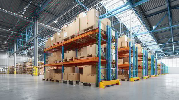 Large industrial warehouse space filled with cardboard boxes on yellow pallets blue shelving photo