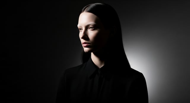 A striking portrait of a young woman in a black shirt, illuminated by dramatic lighting, evoking a sense of mystery and elegance. photo