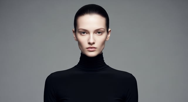 Elegant woman with sleek hair and flawless skin wears a black turtleneck against a neutral grey background. photo