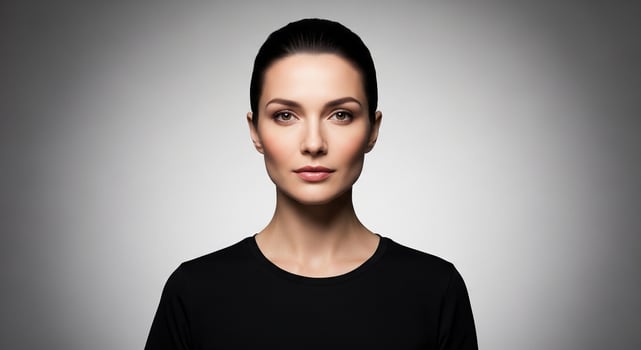 Confident woman in a black t-shirt poses with direct gaze against a studio background, portraying poise and professionalism. photo