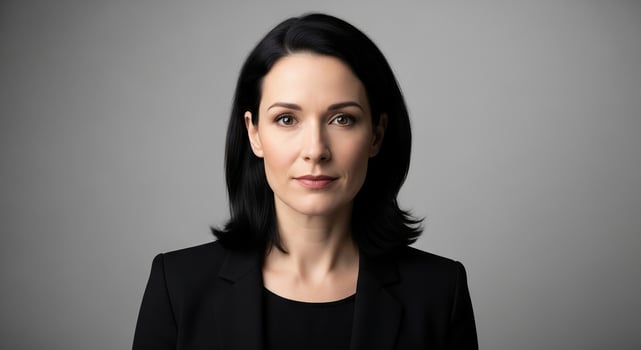 Professional businesswoman with dark hair and a black jacket looks confidently at the camera against a gray background. photo