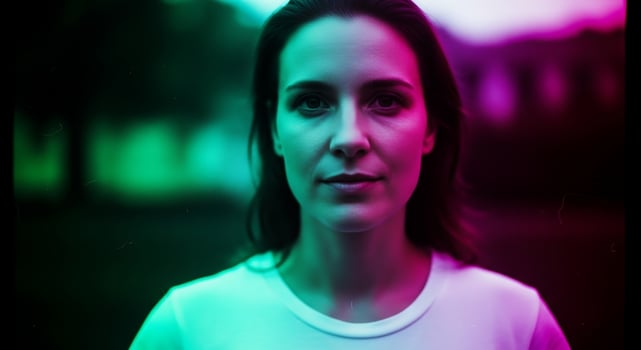 Intense portrait of a young woman in vibrant neon lighting, casting bold colors on her face, creating a modern and artistic impression that captures attention and evokes emotion. photo