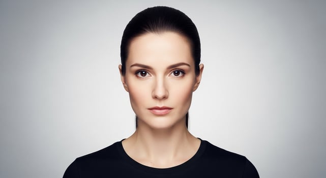 Portrait of a serious, attractive woman with dark hair in a ponytail, gazing directly at the camera against a soft gray background. photo