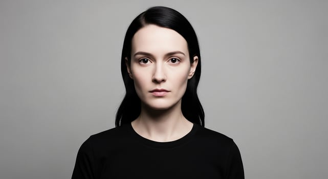 Striking portrait of a woman with a serious expression, wearing a black shirt against a solid gray background, perfect for minimalistic design and conveying strength and poise. photo
