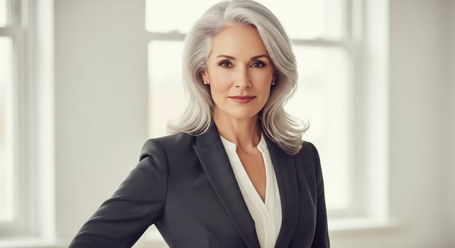 Mature businesswoman with elegant gray hair and professional attire, looking confidently at the camera. photo