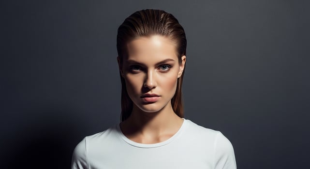 A striking studio portrait of a confident, elegant woman with slicked-back hair, wearing a white top against a dark backdrop. photo