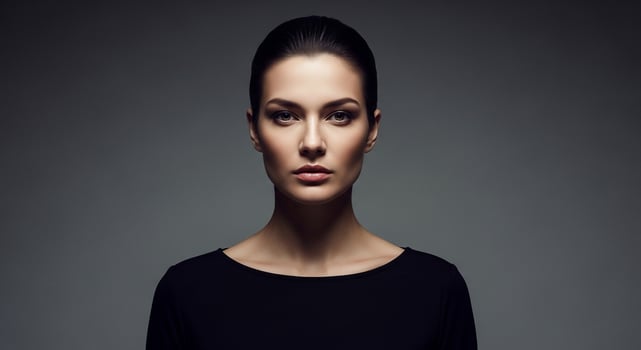 Striking portrait of a confident young woman with sleek hair and dark clothing against a neutral background, emphasizing beauty, minimalism, and strong character for various design concepts. photo