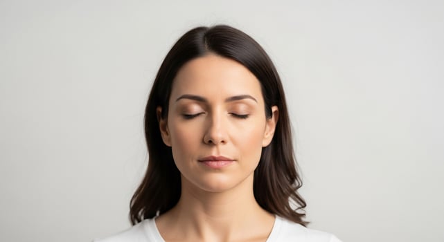 Serene woman with eyes closed against a soft grey background, embodying peace, meditation, and mindfulness. photo