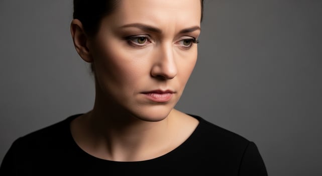 Close-up portrait of a pensive woman with downcast eyes, reflecting deep thought, worry, or sadness against a plain grey background. photo