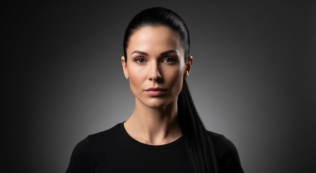 Serious woman with slicked-back dark hair and direct gaze, posing against a dark studio background with dramatic lighting. photo