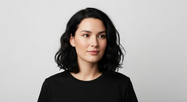 Attractive young woman with dark wavy hair looks away thoughtfully against a plain white background, contemplating and posing in studio. photo