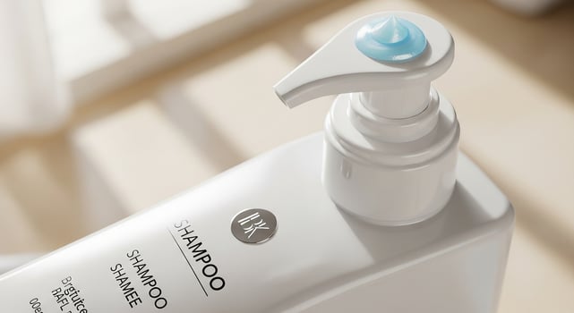 Close-up of a white shampoo bottle with a pump dispenser and a dollop of blue gel on top, in a soft light. photo